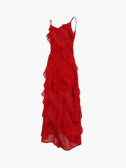 Semi-Sheer Ladder Ruffle Zippered Long Dress