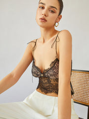 Sheer Tie Shoulder Floral Lace Cami Crop Top