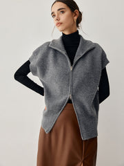 Open Collar Double Zip Curved Cardigan