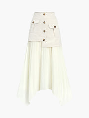Patchwork Asymmetrical Pleated Buttoned Midi Skirt