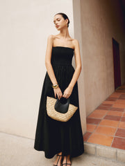 Cotton & Linen Pleat Strapless Long Dress