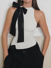 Semi-Sheer Bow Decorated Sleeveless Bodysuit