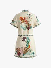 Print Collared Belted Short Dress