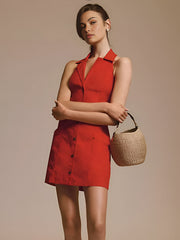 Button Front Backless Halter Dress