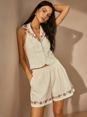Cotton & Linen Embroidery Shorts Set