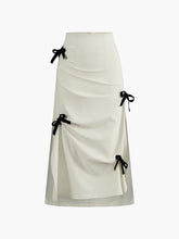 Cotton & Linen Bow Decor Split Midi Skirt