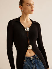 Glossy-Ring Ribbed Slim Cardigan