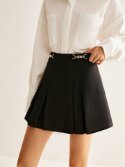 Metal-Belt Pleated Mini Skirt