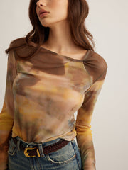 Semi-Sheer Dye Printed Mesh T-Shirt