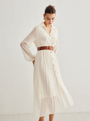 Semi-Sheer Chiffon Button Pleated Dress With Belt