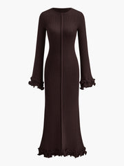 Semi-Sheer Piping Ruffle Drawstring Knit Dress