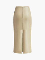 Faux Leather Piping Sit Midi Skirt