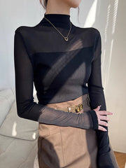 Mock Neck Sheer Mesh Panel T-Shirt