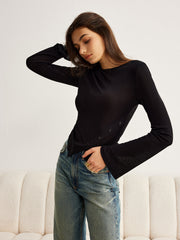 Semi-Sheer Bell Sleeve Side Button Jersey Top
