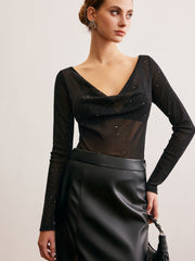 Semi-Sheer Cowl Neck Sequins Thin Blouse