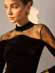 Lace Panel Velvet Slim Blouse
