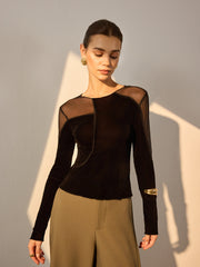 Asymmetrical Mesh-Detail Velvet Top
