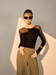 Asymmetrical Mesh-Detail Velvet Top