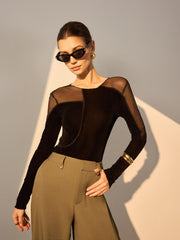 Asymmetrical Mesh-Detail Velvet Top