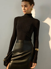 Mock Neck Semi-Sheer Slim Blouse