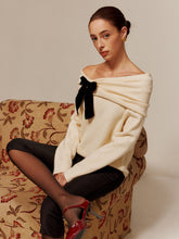 Velvet-Bow Off-Shoulder Ruched Sweater