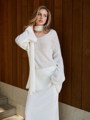 Wool-Blend Semi-Sheer Sweater With Scarf
