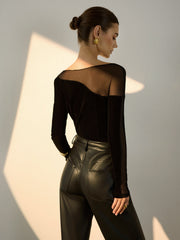 Straight Shoulder Sheer-Detail Slim Top