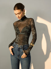 Mock Neck Printed Semi-Sheer Blouse
