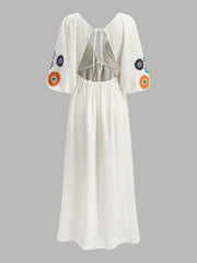 Semi-Sheer Embroidery V-Neck Floral Dress