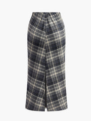Elastic Waist Checked Slit Skirt