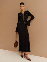 Elegant Contrast Binding Ruffle Slim Dress Without Belt