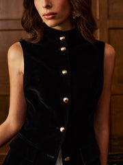 Button Slit Velvet Top With Chiffon Skirt Set