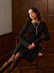 Plain Long Sleeve Pleated Short Dress