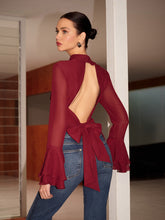 Stand Collar Backless Chiffon Bow Shirt