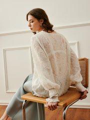 Semi-Sheer V-Neck Lantern Sleeve Embroidered Top