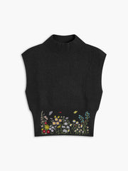 Stand Collar Embroidery Floral Sweater Vest