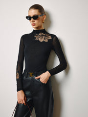 Semi-Sheer Mesh-Floral Slim Jersey Top