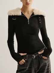Fuzzy Collar Belt-Design Zipper Blouse