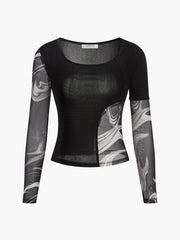 Semi-Sheer Geometric Printed Mesh Jersey Top
