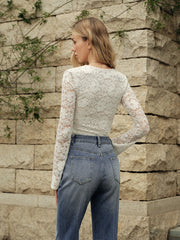 Semi-Sheer Floral Lace Long-Sleeve Top
