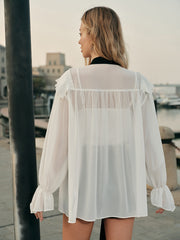 Semi-Sheer Ruffled Detail Blouse With Contrasting Tie
