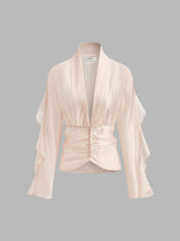Semi-Sheer Chiffon V-Neck Ruched Blouse