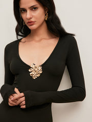 Metal Embellished Long Sleeve Dress