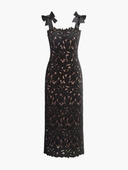 Floral Jacquard Bow Straps Dress