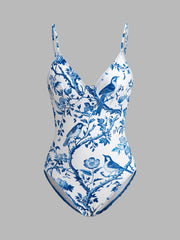 Bird Print V-Neck One-Piece Swimsuit
