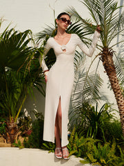 Semi-Sheer Flower Detail Keyhole Neckline Dress