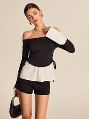Bold Contrast Off-Shoulder Straight Neck Blouse