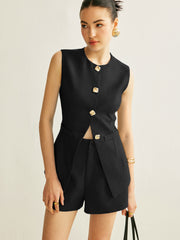 Button Vest With Shorts Set