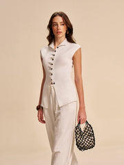 Button-Front Sleeveless Cardigan