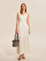 Buttoned Vest Pleated Skirt Set
